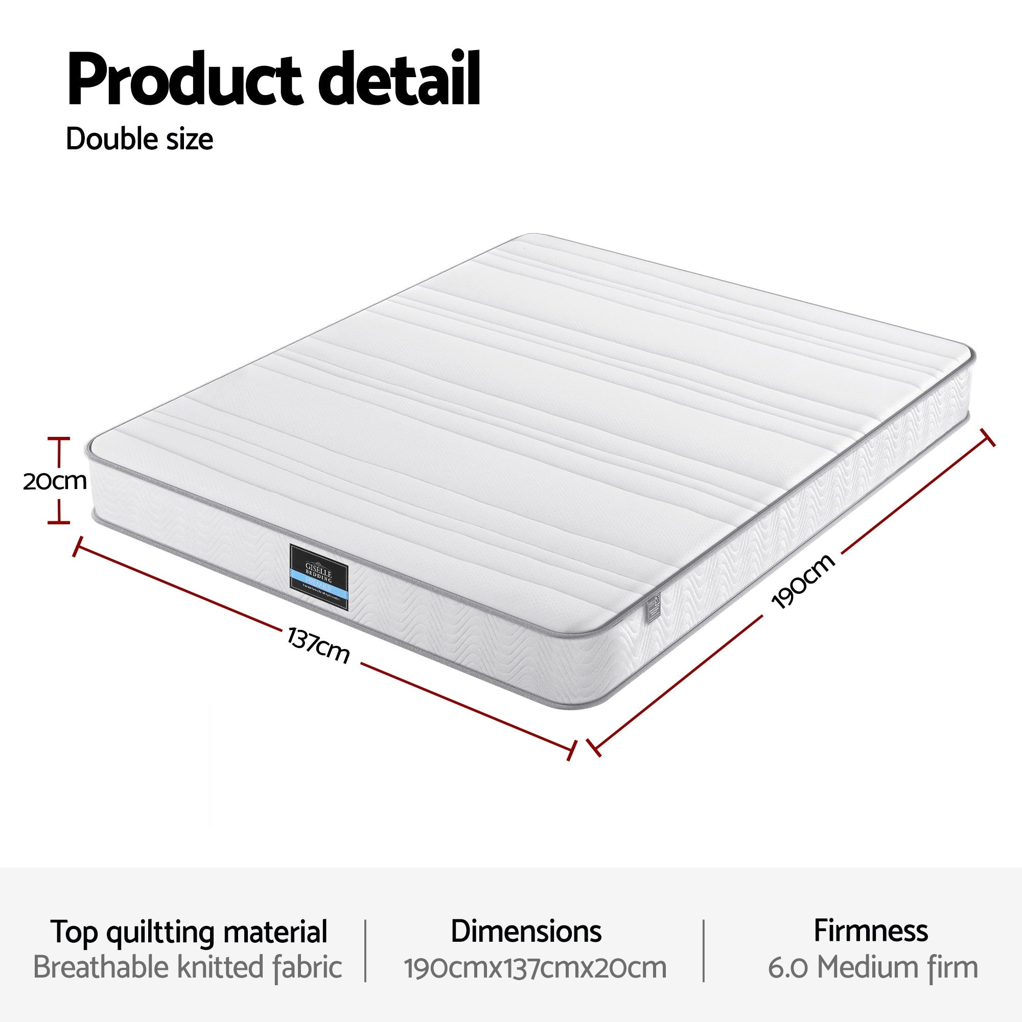 Giselle Double Mattress 20cm with Reinforced Edge Support Egg-Crate Foam - Homecoze