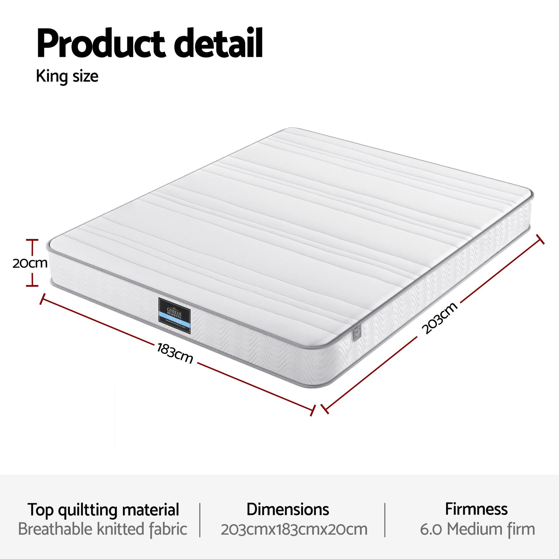 Giselle King Mattress 20cm with Reinforced Edge Support Egg-Crate Foam - Homecoze