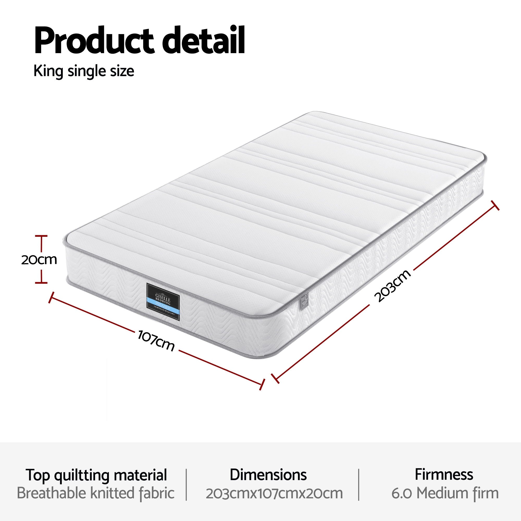 Giselle King Single Mattress 20cm with Reinforced Edge Support Egg-Crate Foam - Homecoze