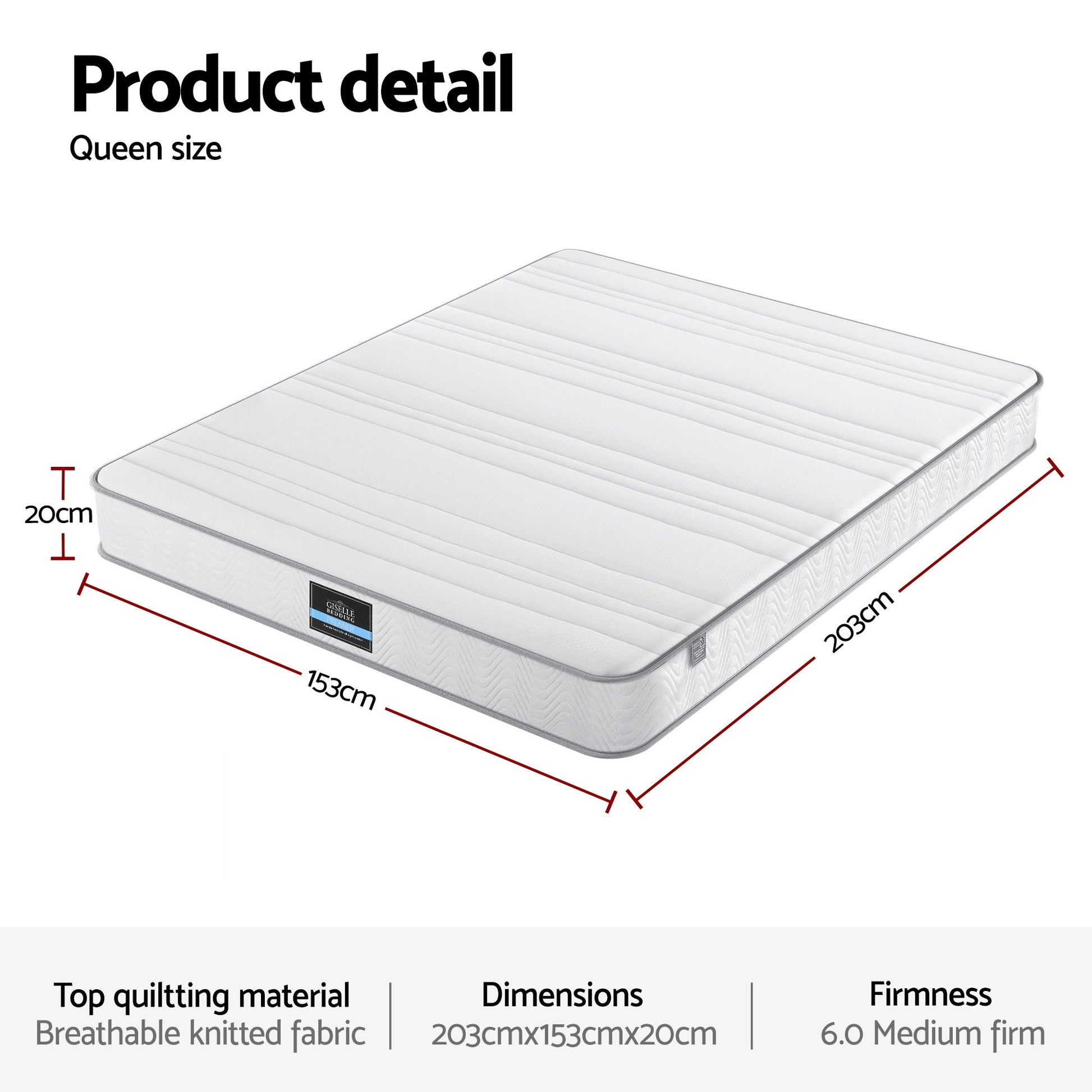 Giselle Queen Mattress 20cm with Reinforced Edge Support Egg-Crate Foam - Homecoze