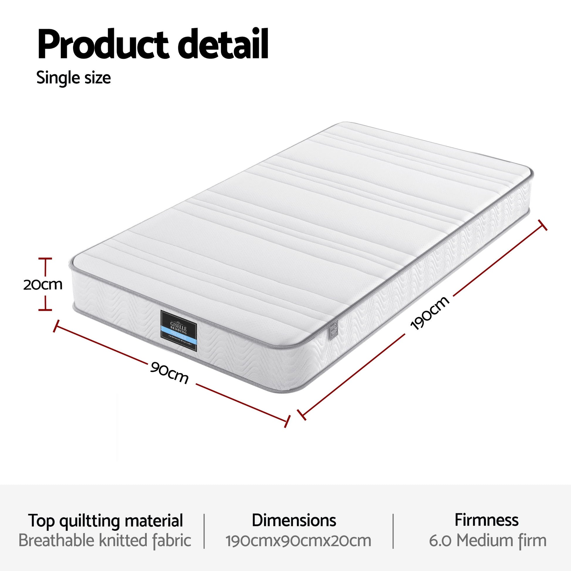 Giselle Single Mattress 20cm with Reinforced Edge Support Egg-Crate Foam - Homecoze