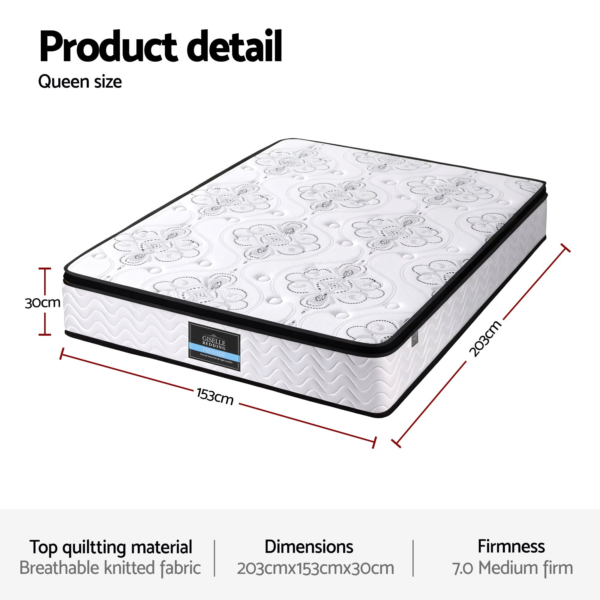 Giselle Bedding 30cm Mattress Pocket Spring Medium Firm Foam Euro Top Queen - Homecoze