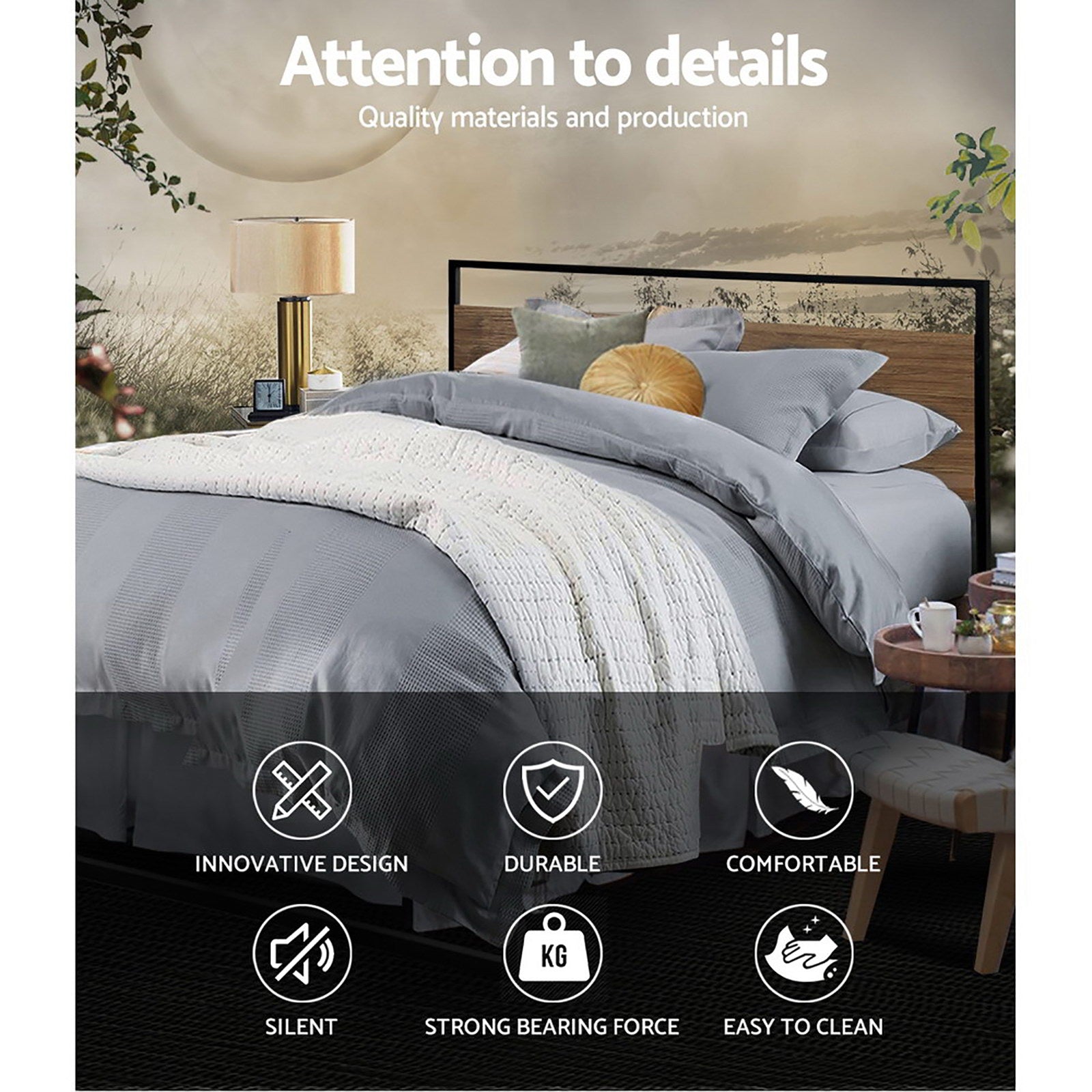 Oakland (King) Metal Bed Frame - Black & Brown - Homecoze