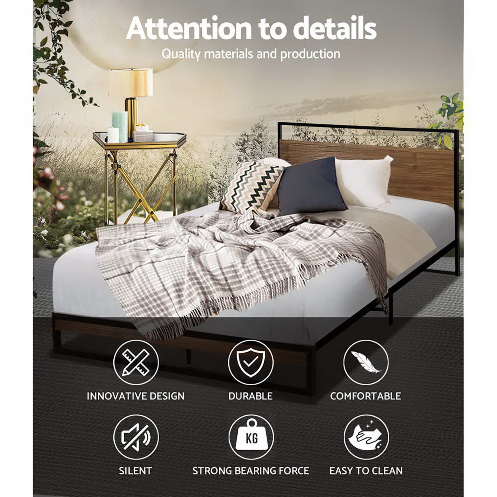 Oakland (King Single) Metal Bed Frame - Black & Brown - Homecoze