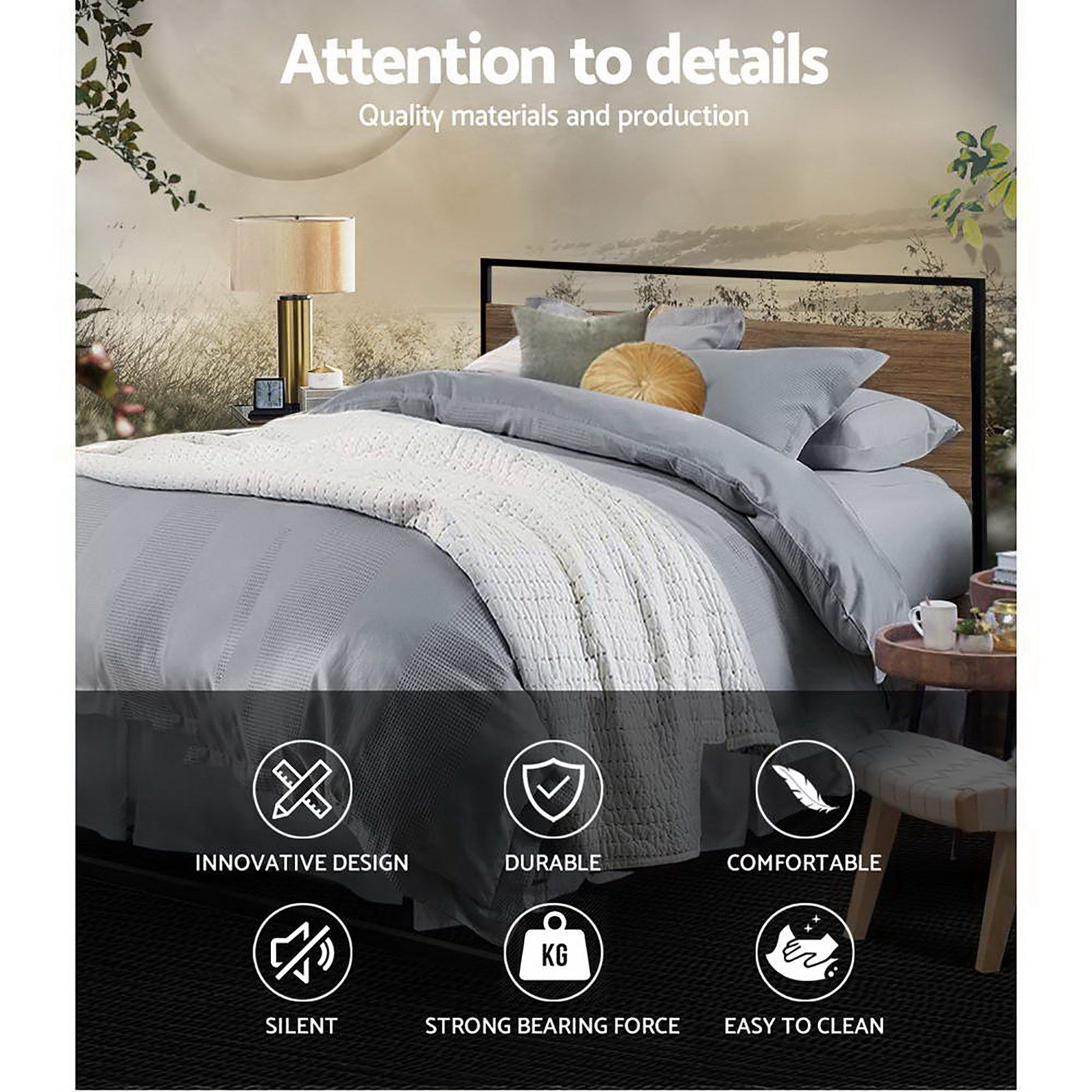Oakland (Queen) Metal Bed Frame - Black & Brown - Homecoze