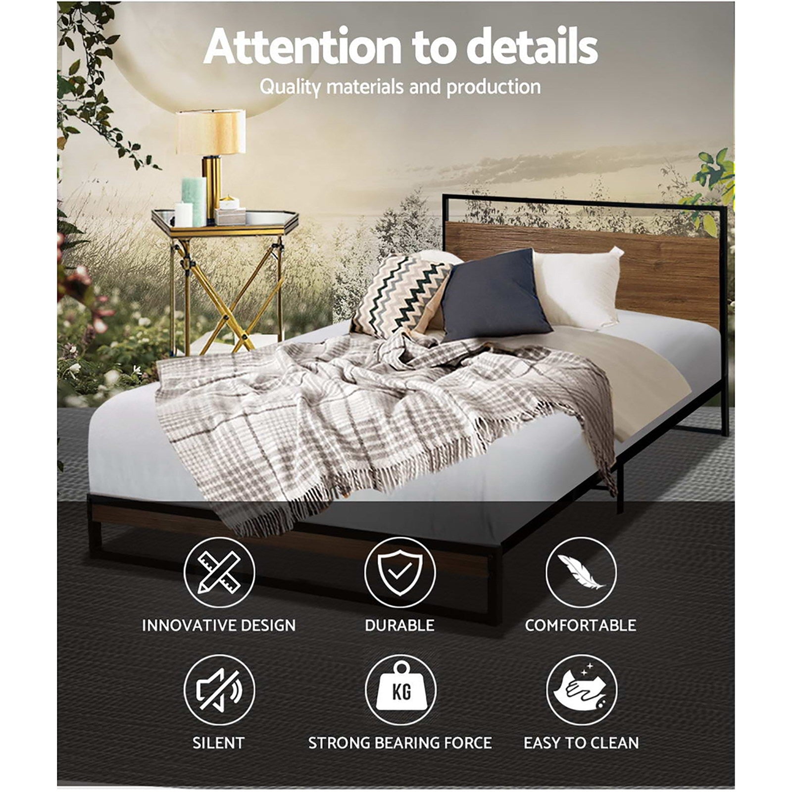 Oakland (Single) Metal Bed Frame - Black & Brown - Homecoze