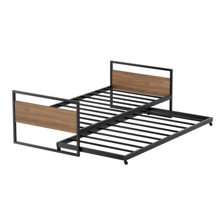 Single Modern Industrial Style Bed Frame with Trundle Daybed Wooden Headboard