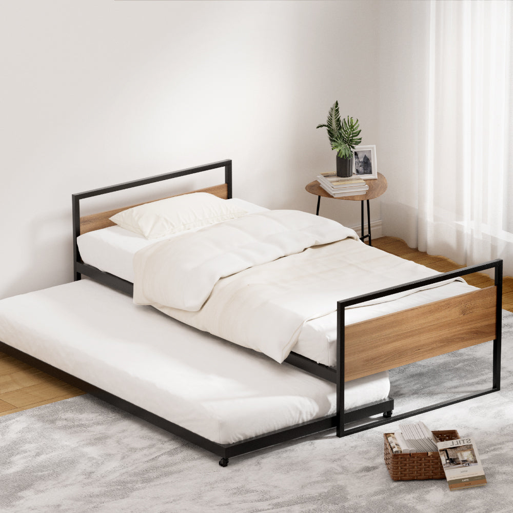 Single Modern Industrial Style Bed Frame with Trundle Daybed Wooden Headboard