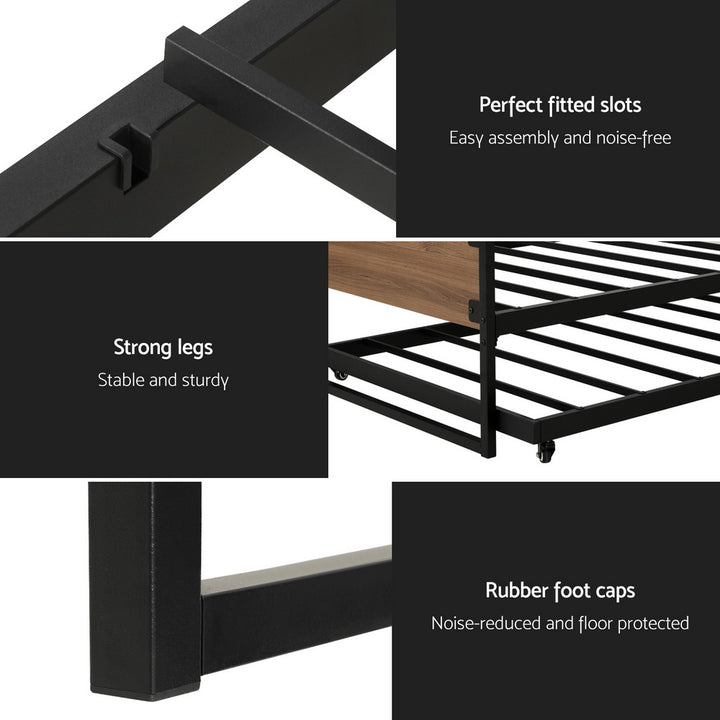 Single Modern Industrial Style Bed Frame with Trundle Daybed Wooden Headboard