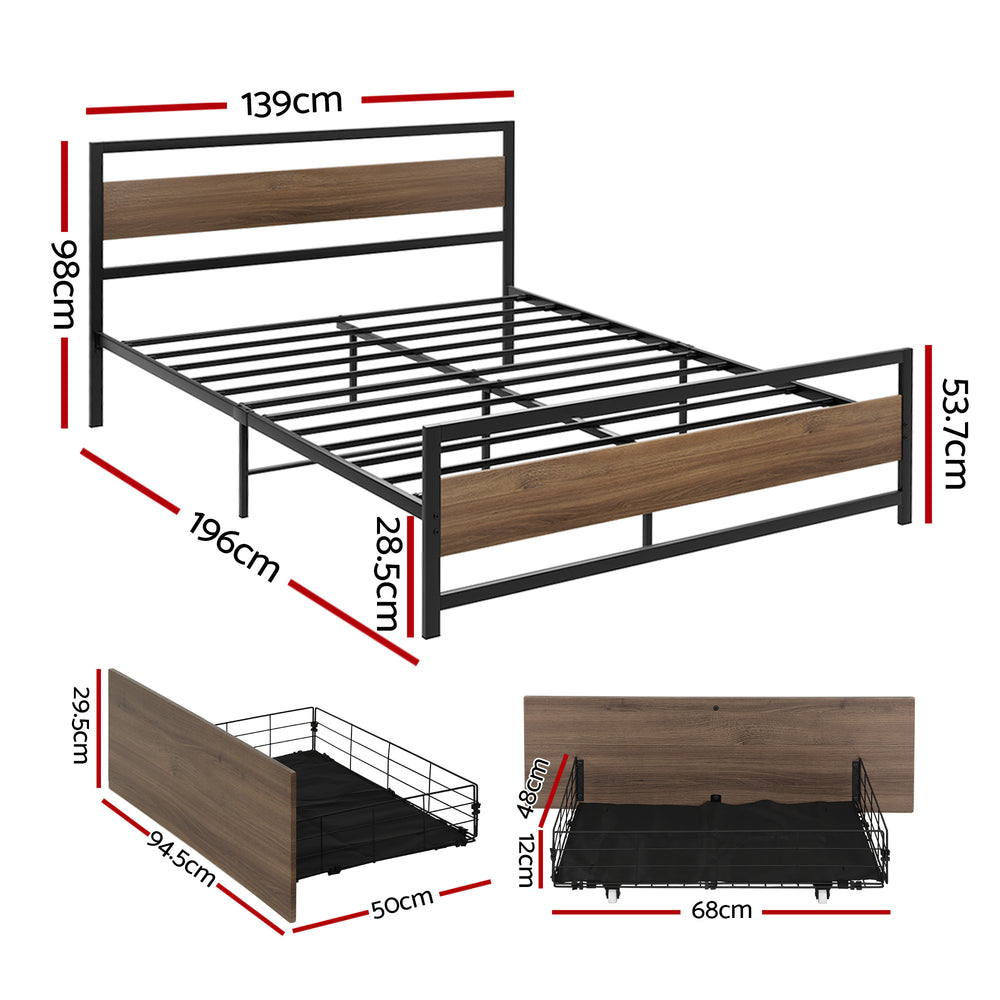Artiss Bed Frame Double Size Metal Frame with 2 Drawers DREW - Homecoze