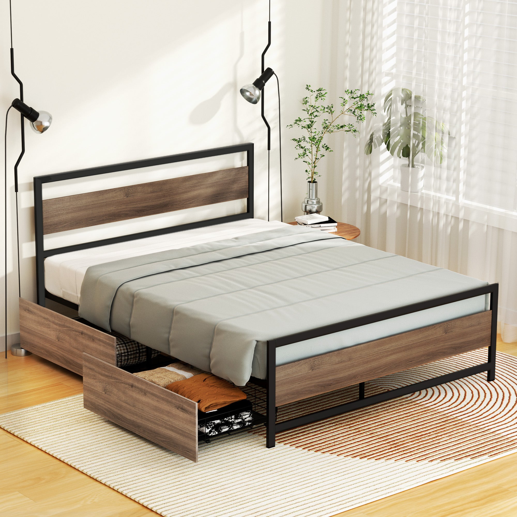 Tacoma (Queen) Metal Bed Frame with Drawers - Black & Brown