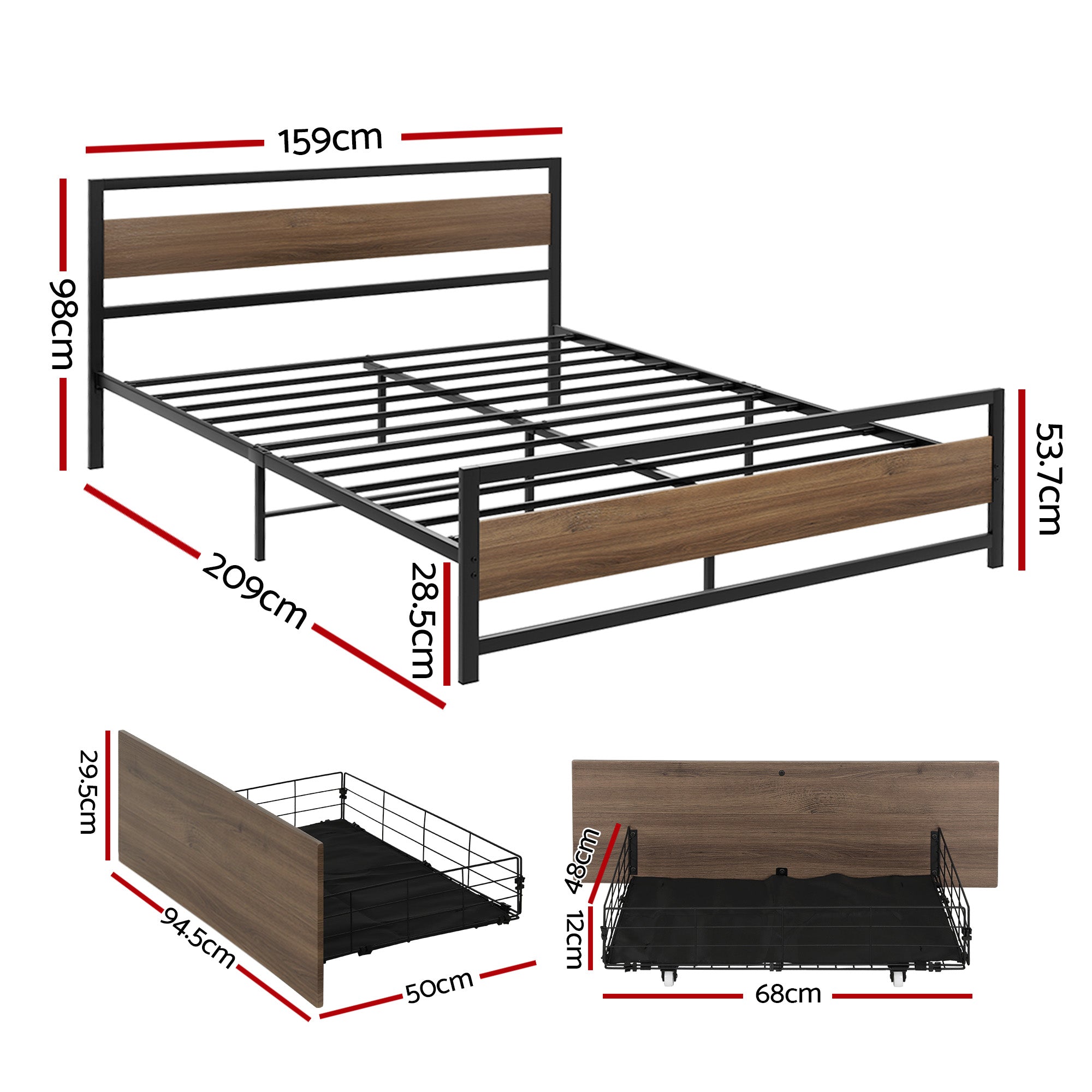 Tacoma (Queen) Metal Bed Frame with Drawers - Black & Brown