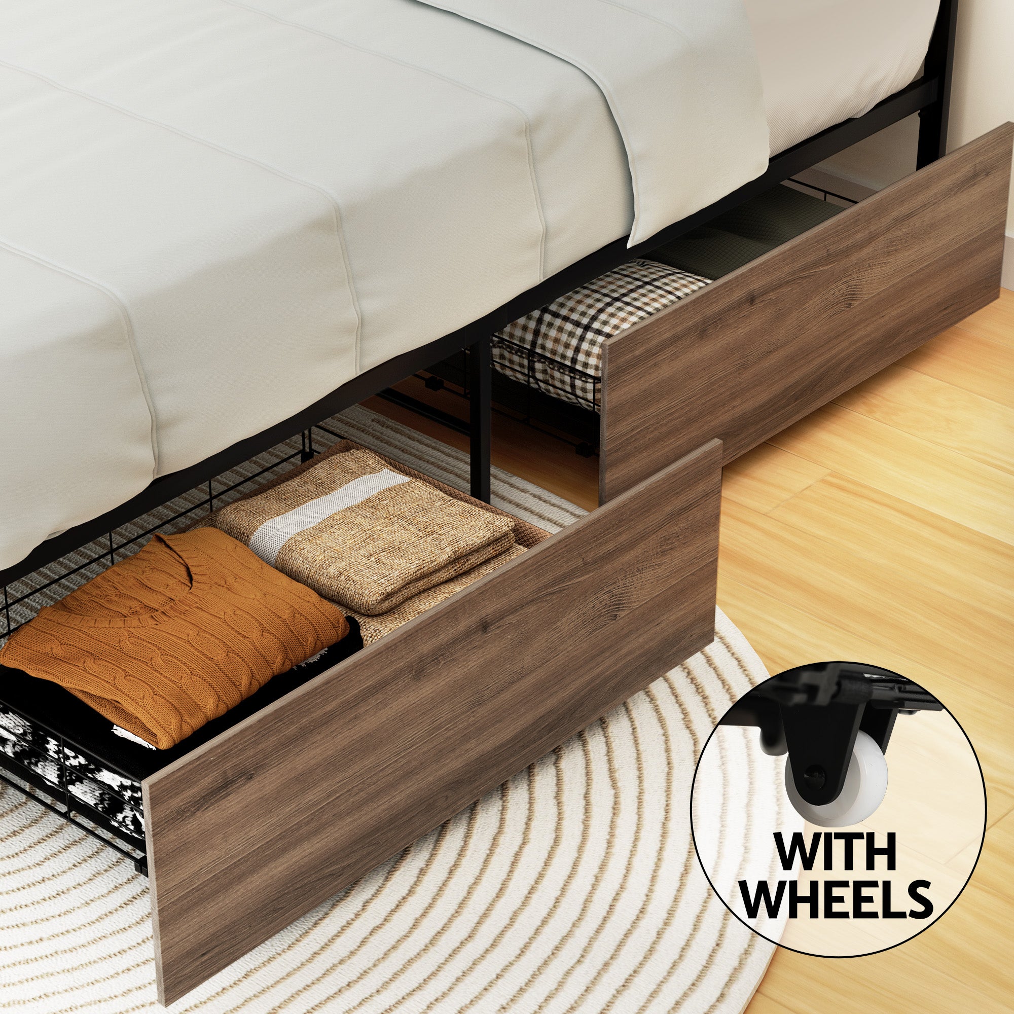 Tacoma (Queen) Metal Bed Frame with Drawers - Black & Brown