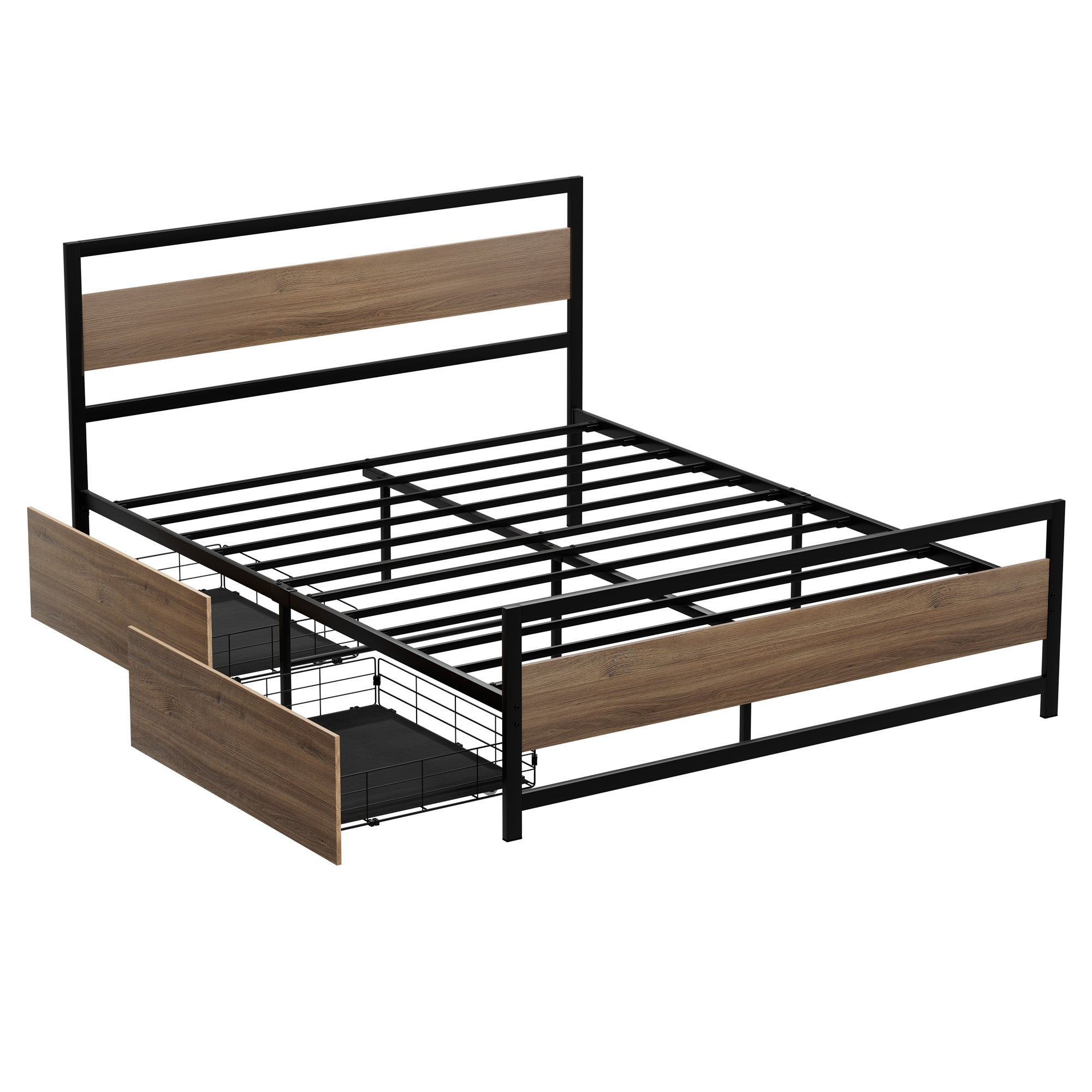 Tacoma (Queen) Metal Bed Frame with Drawers - Black & Brown