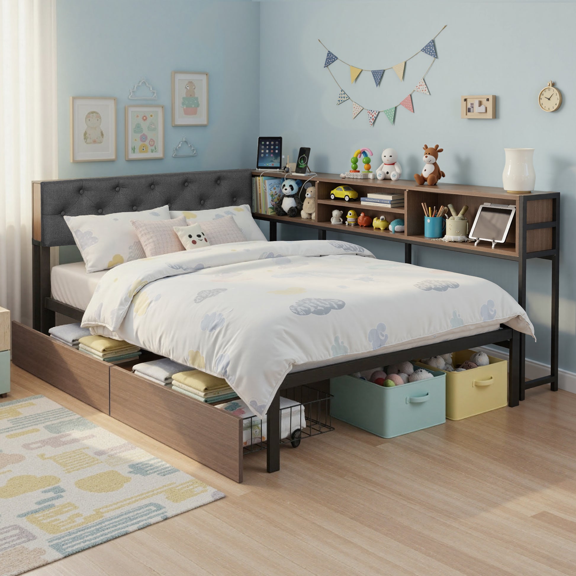 Artiss Bed Frame King Single Size with 2 Drawers and Charging Station Metal Corner Bed Base - Homecoze