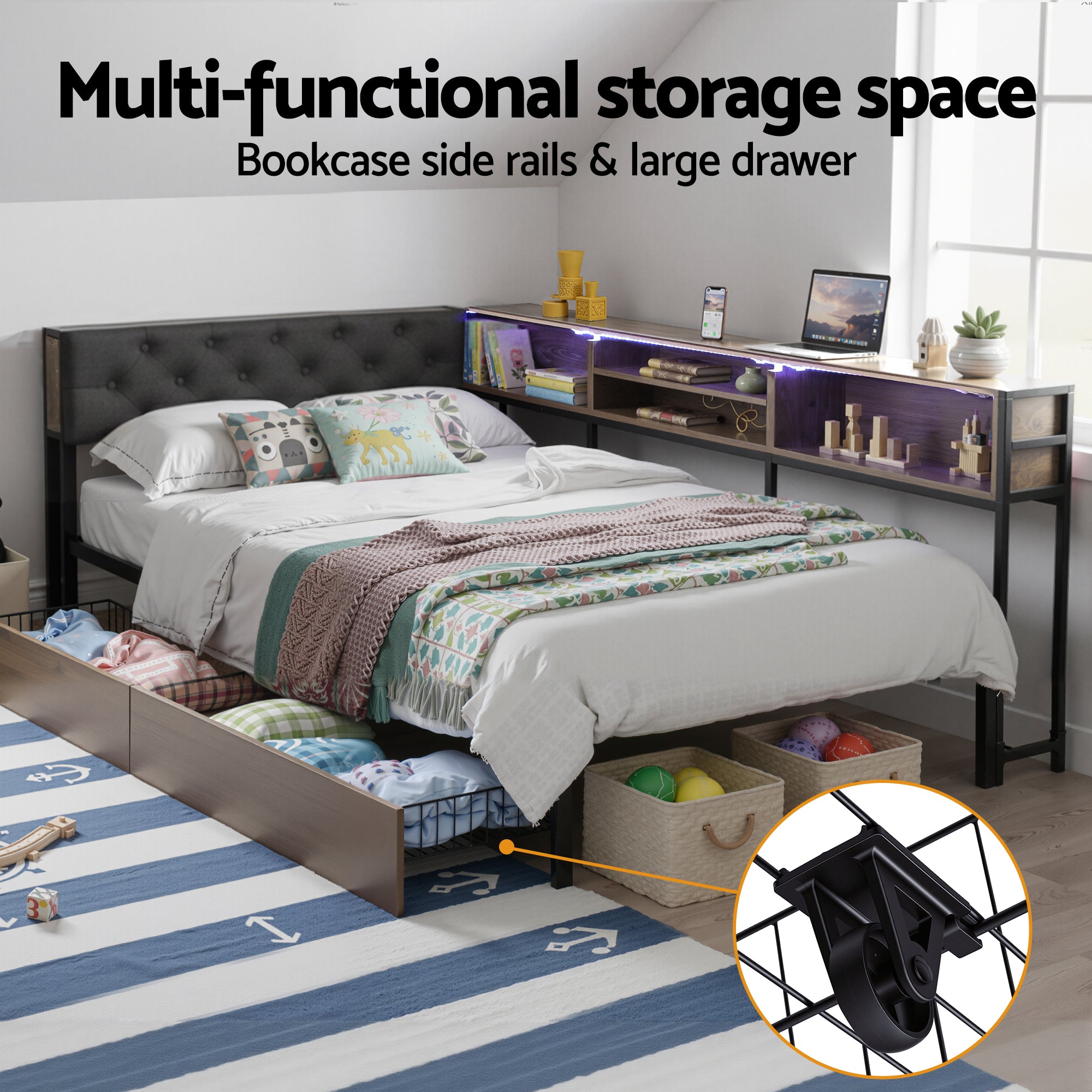 Artiss Bed Frame King Single Size with 2 Drawers and Charging Station Metal Corner Bed Base - Homecoze