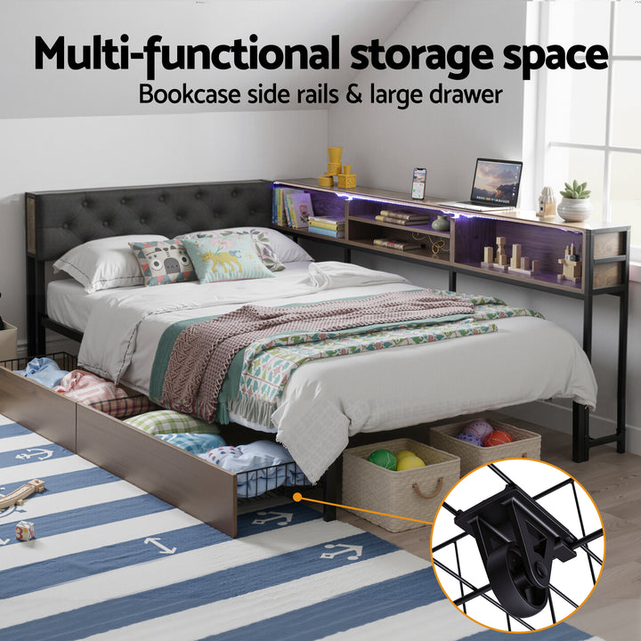 Artiss Bed Frame King Single Size with 2 Drawers and Charging Station Metal Corner Bed Base - Homecoze