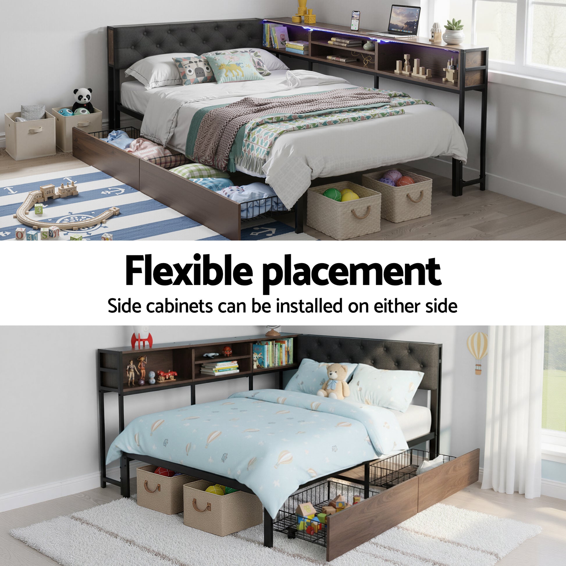 Artiss Bed Frame King Single Size with 2 Drawers and Charging Station Metal Corner Bed Base - Homecoze