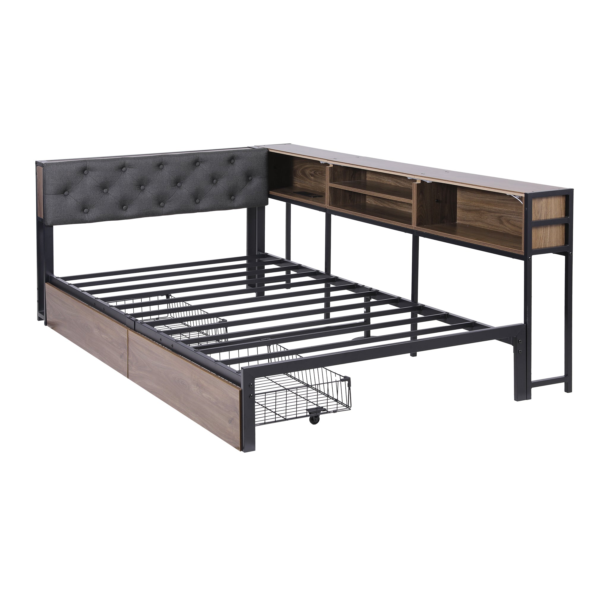 Artiss Bed Frame King Single Size with 2 Drawers and Charging Station Metal Corner Bed Base - Homecoze