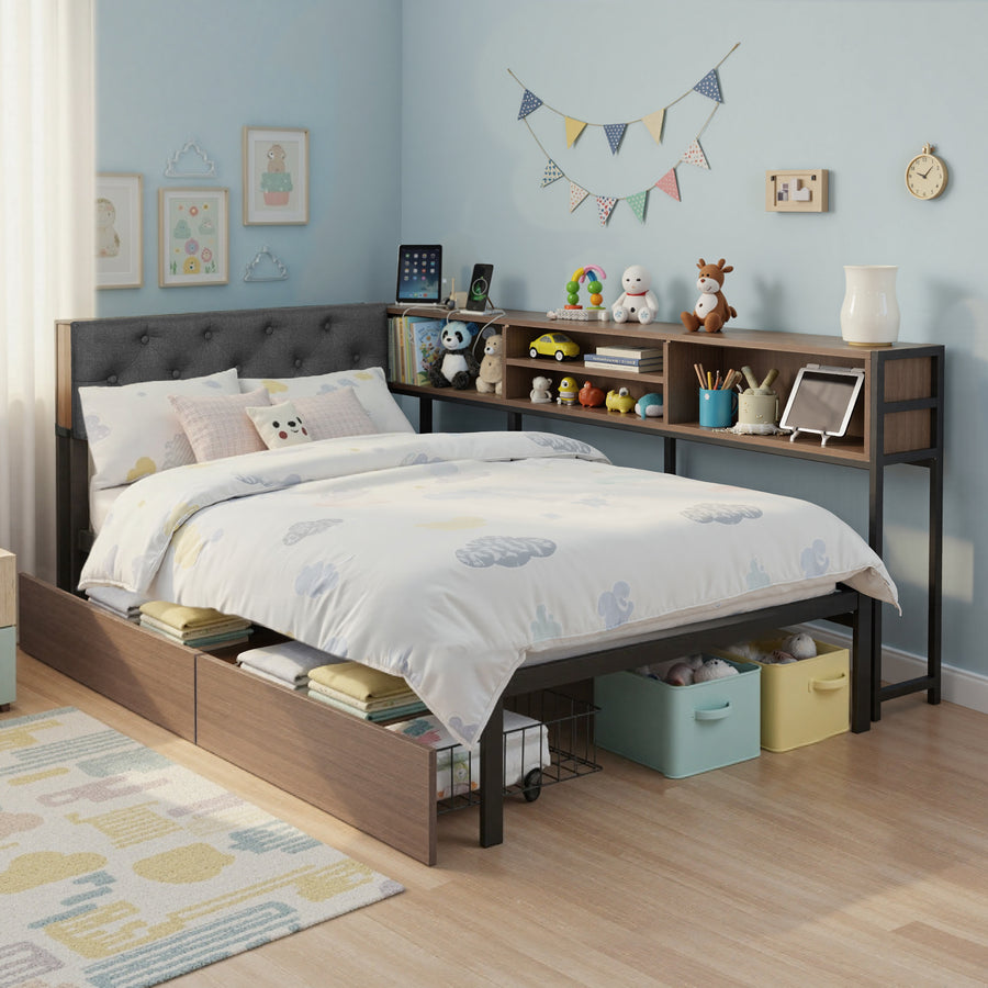 Artiss Bed Frame Single Size with 2 Drawers and Charging Station Metal Corner Bed Base - Homecoze