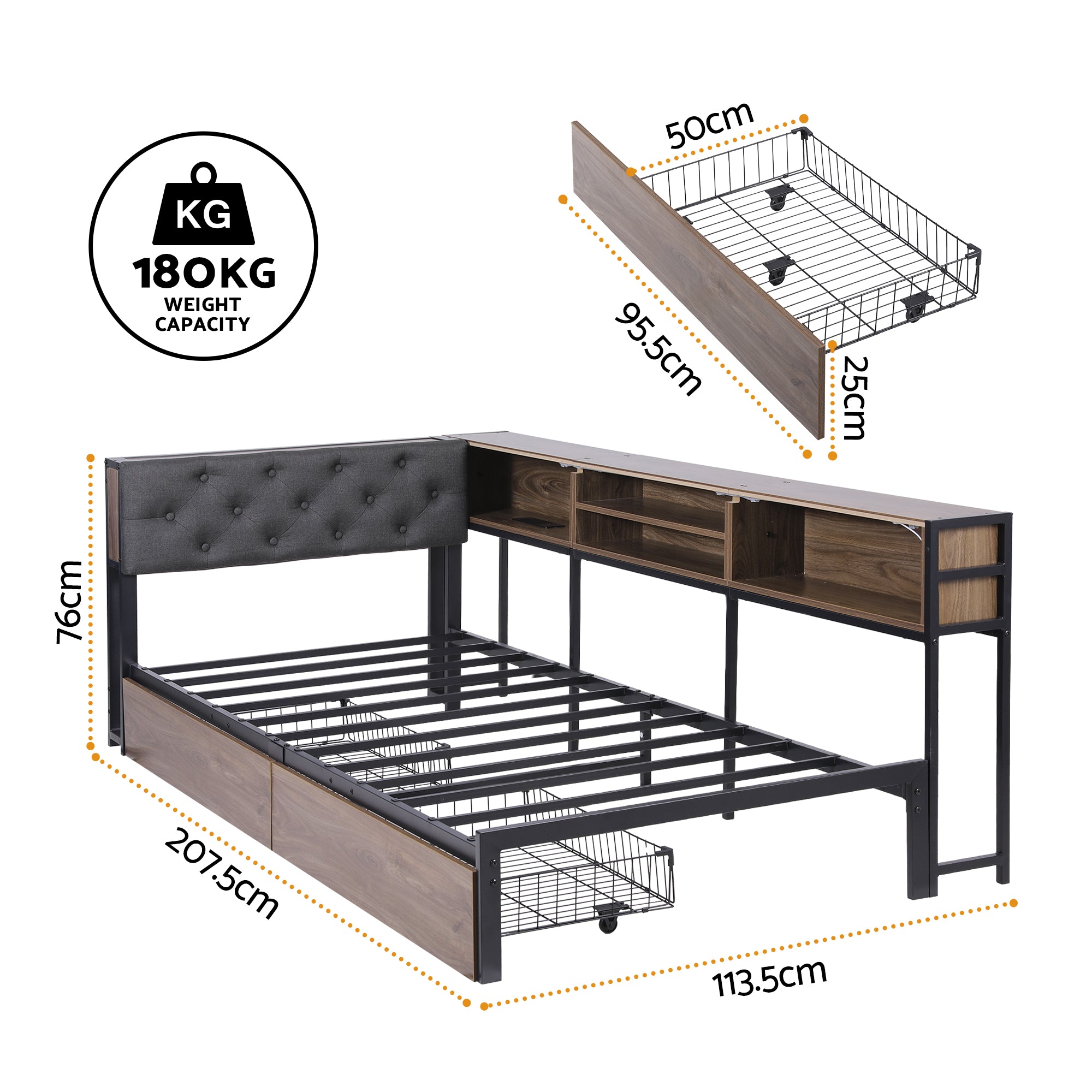 Artiss Bed Frame Single Size with 2 Drawers and Charging Station Metal Corner Bed Base - Homecoze