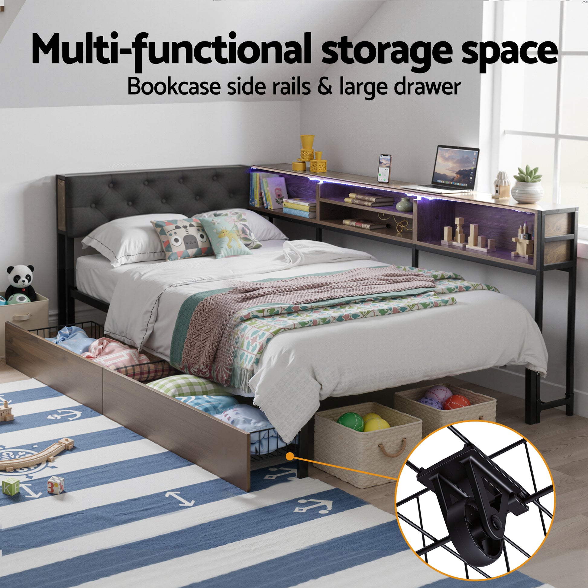 Artiss Bed Frame Single Size with 2 Drawers and Charging Station Metal Corner Bed Base - Homecoze