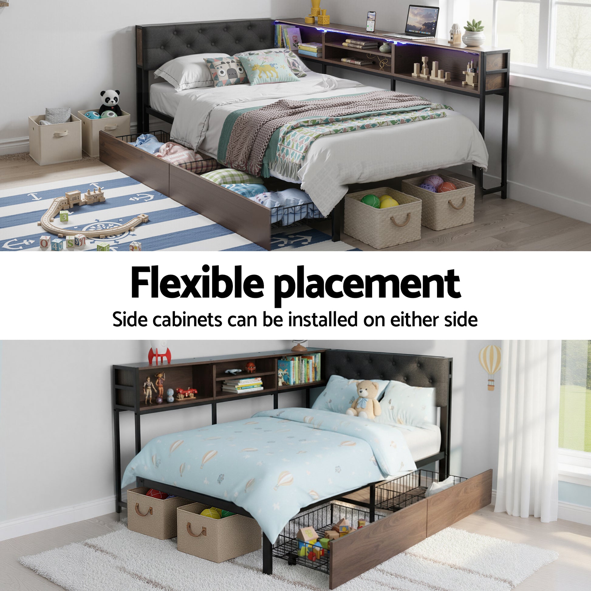 Artiss Bed Frame Single Size with 2 Drawers and Charging Station Metal Corner Bed Base - Homecoze