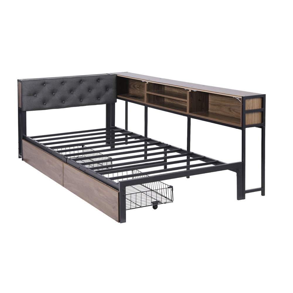 Artiss Bed Frame Single Size with 2 Drawers and Charging Station Metal Corner Bed Base - Homecoze