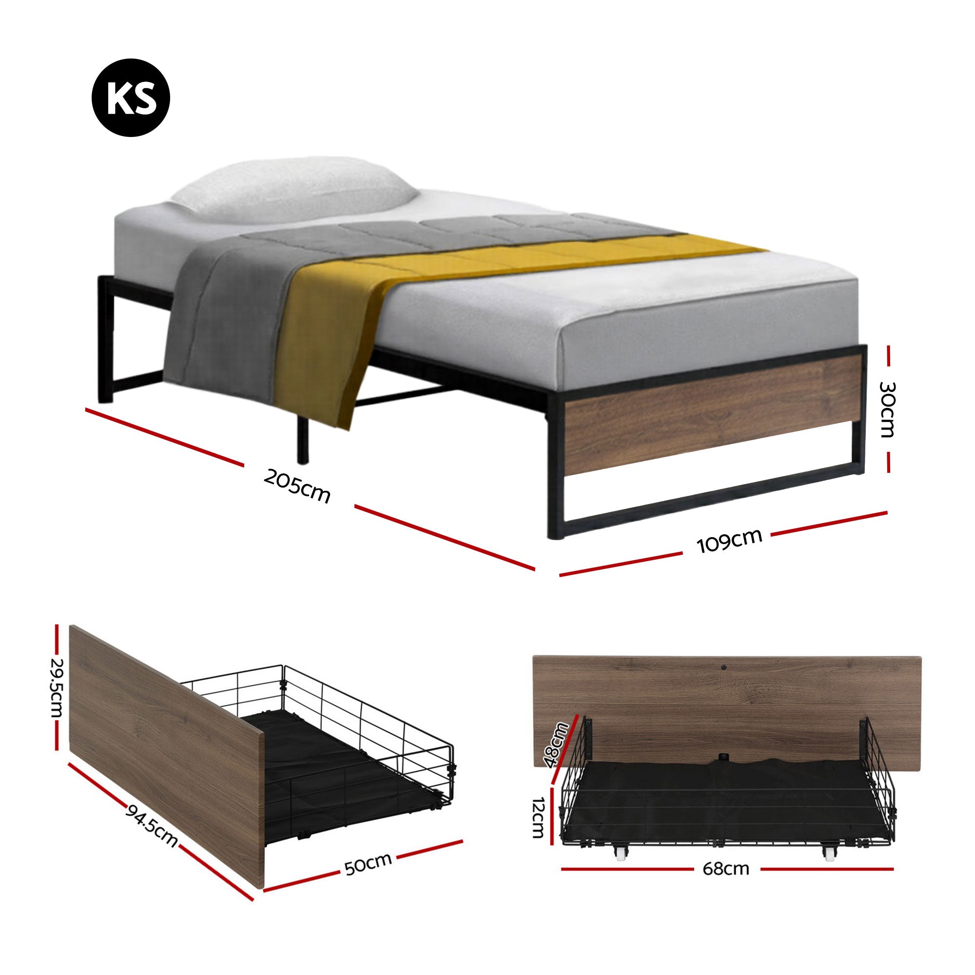 Garland (King Single) Metal Bed Frame with Drawers - Black & Brown