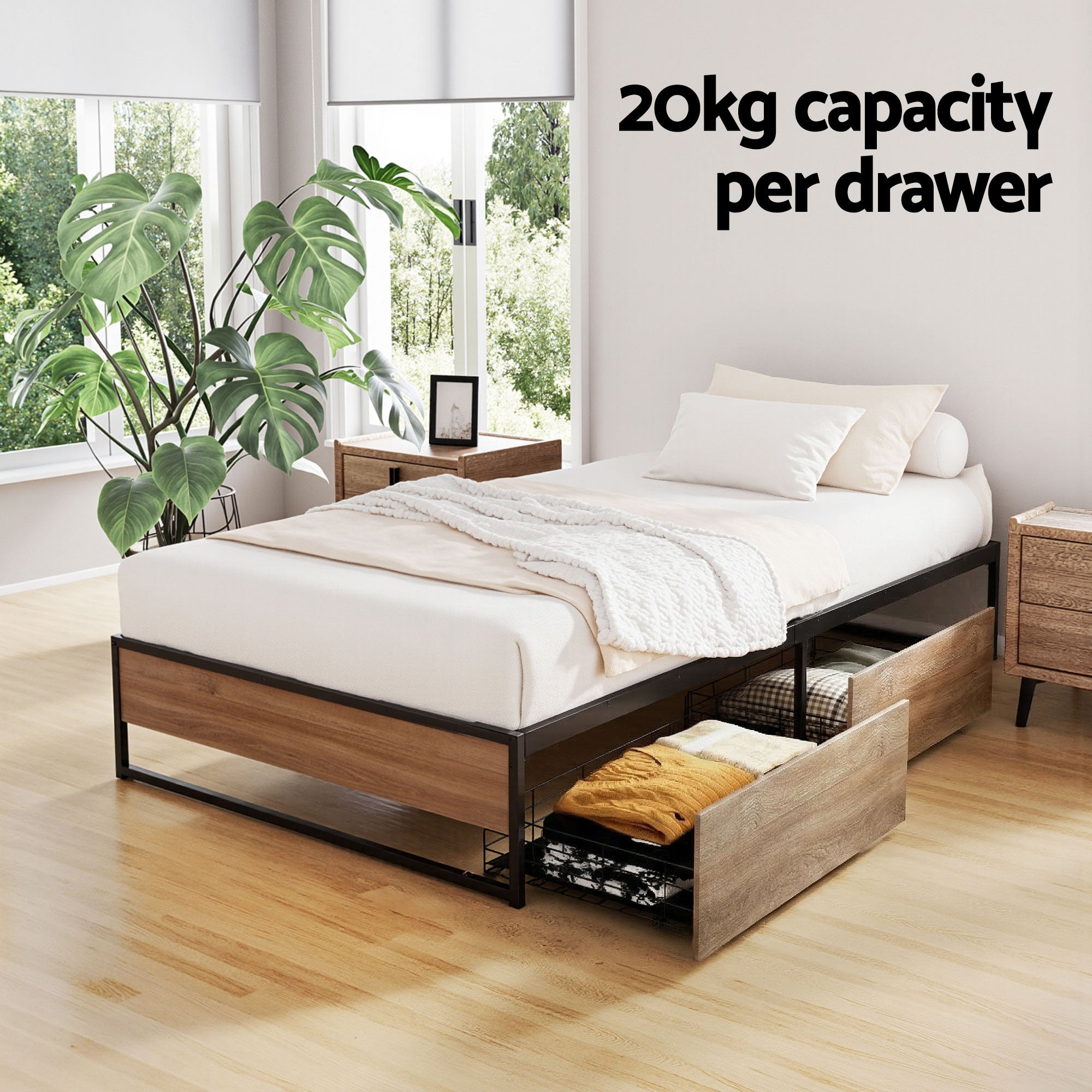 Garland (King Single) Metal Bed Frame with Drawers - Black & Brown