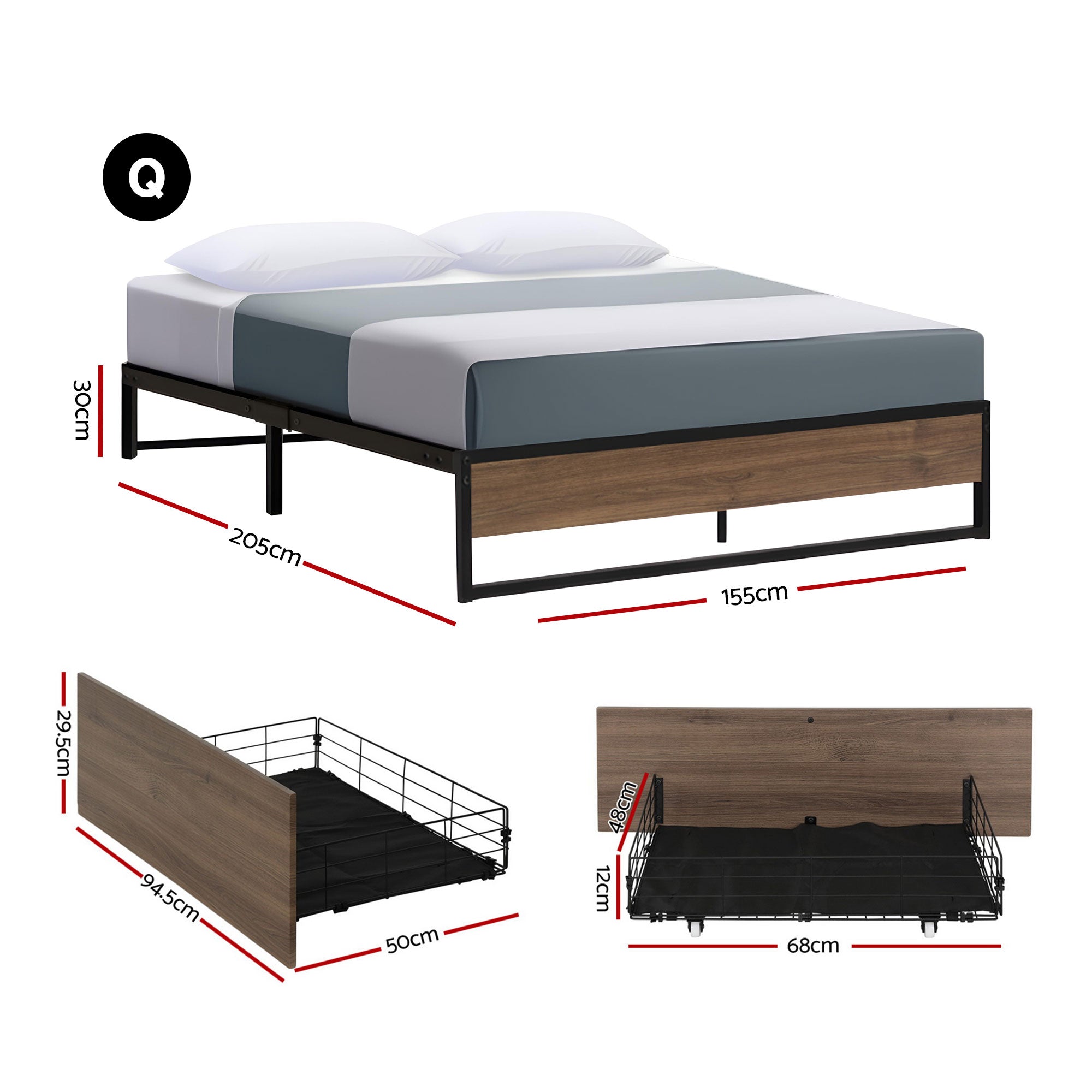 Garland (Queen) Metal Bed Frame with Drawers - Black & Brown