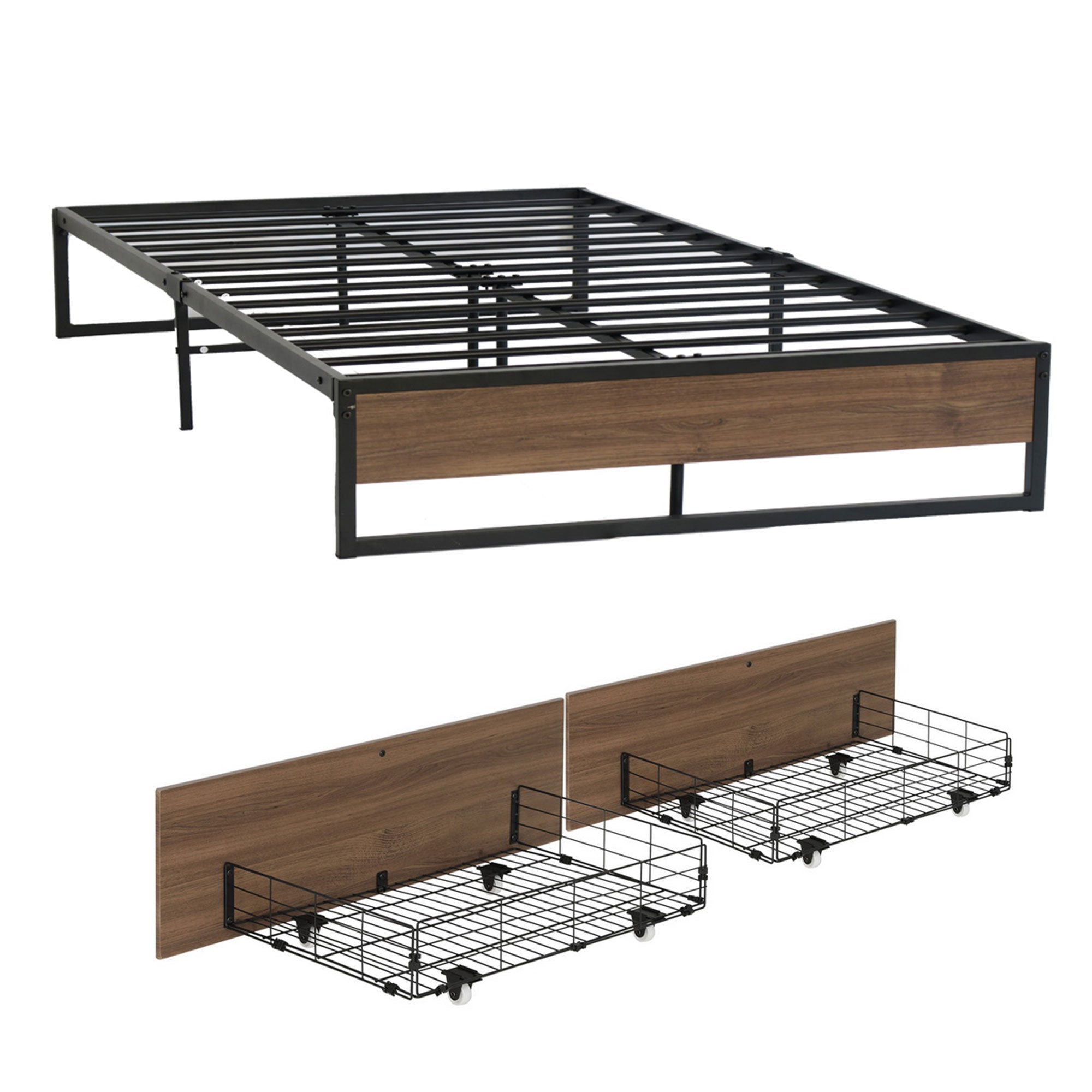 Garland (Queen) Metal Bed Frame with Drawers - Black & Brown