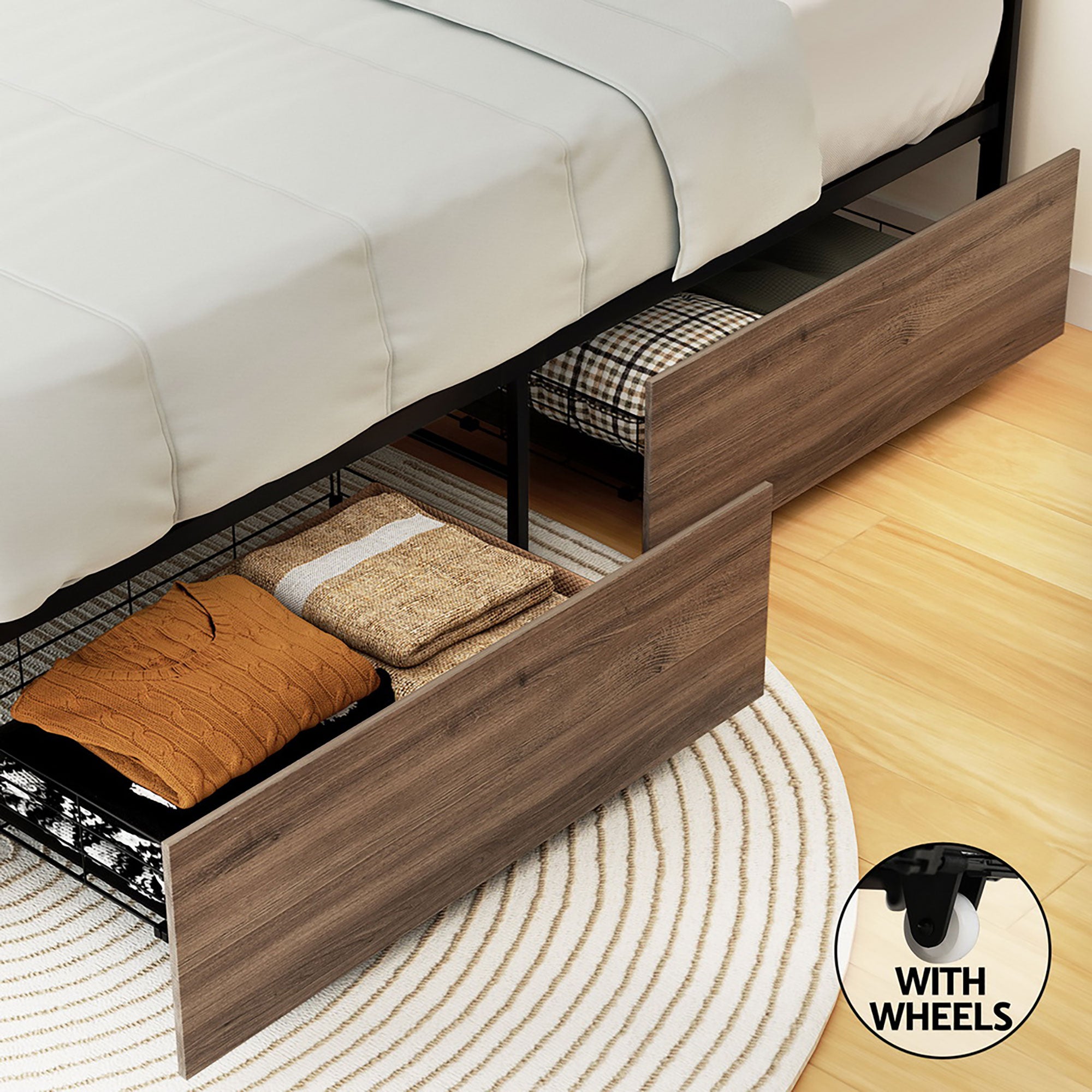 Garland (Queen) Metal Bed Frame with Drawers - Black & Brown
