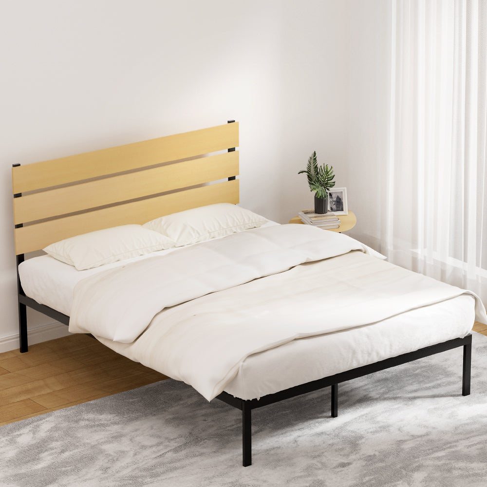 Tucson (Queen) Metal Bed Frame - Black & Oak - Homecoze