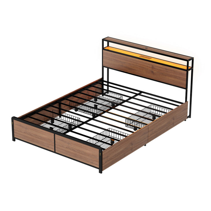 Artiss Metal Bed Frame Double Size with 2-Tier Storage Headboard Metal Platform with 4 Storage Drawers Built in Charging Station & LED Noise-Free/Metal Support/No Box Spring Needed Vintage Brown - Homecoze