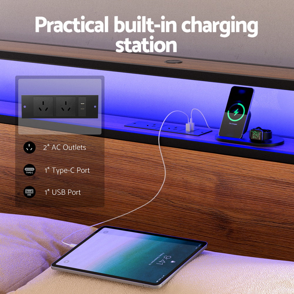 Artiss Metal Bed Frame Double Size with 2-Tier Storage Headboard Metal Platform with 4 Storage Drawers Built in Charging Station & LED Noise-Free/Metal Support/No Box Spring Needed Vintage Brown - Homecoze