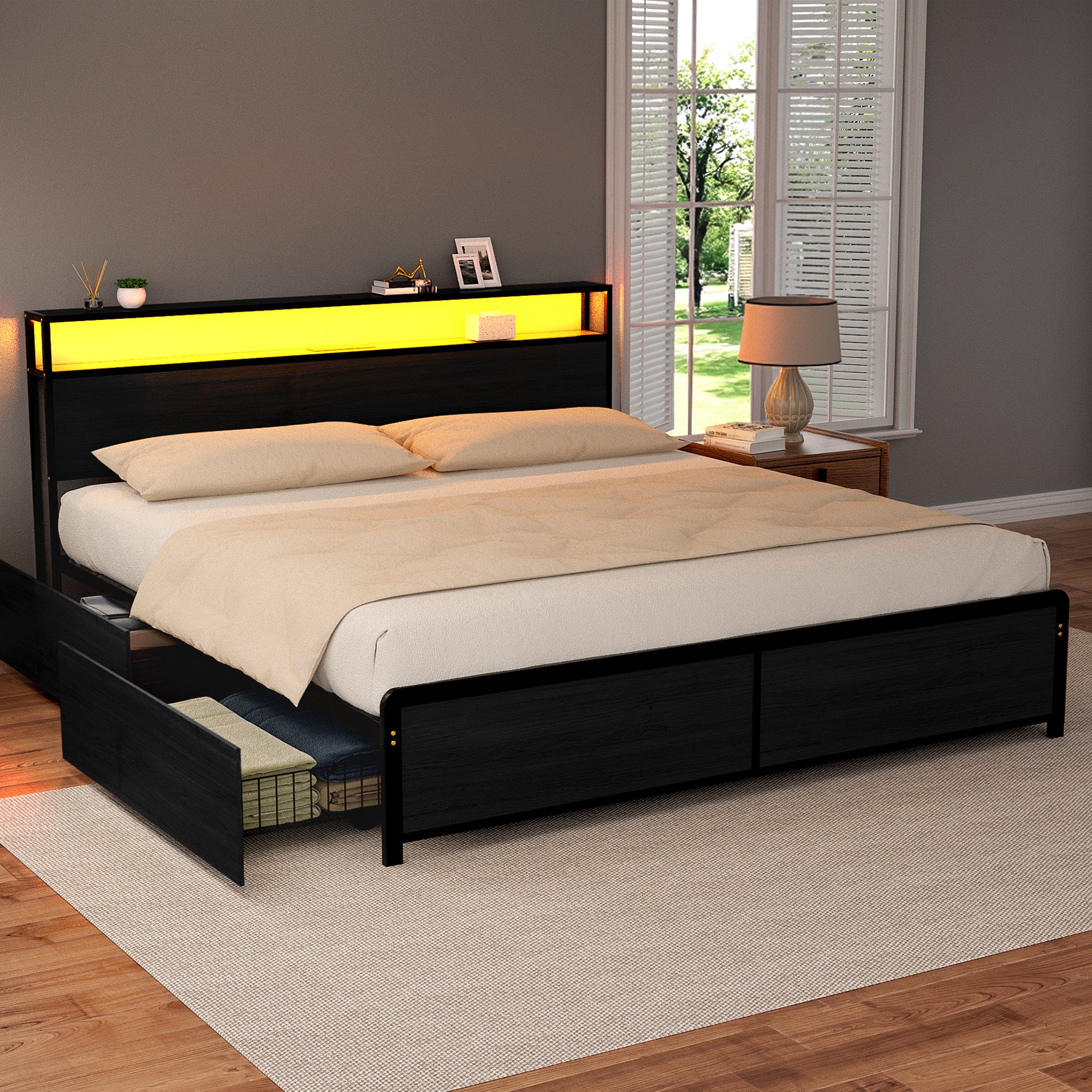 Artiss Metal Bed Frame King Size Storage Headboard Charge Station LED 4 Drawers - Homecoze