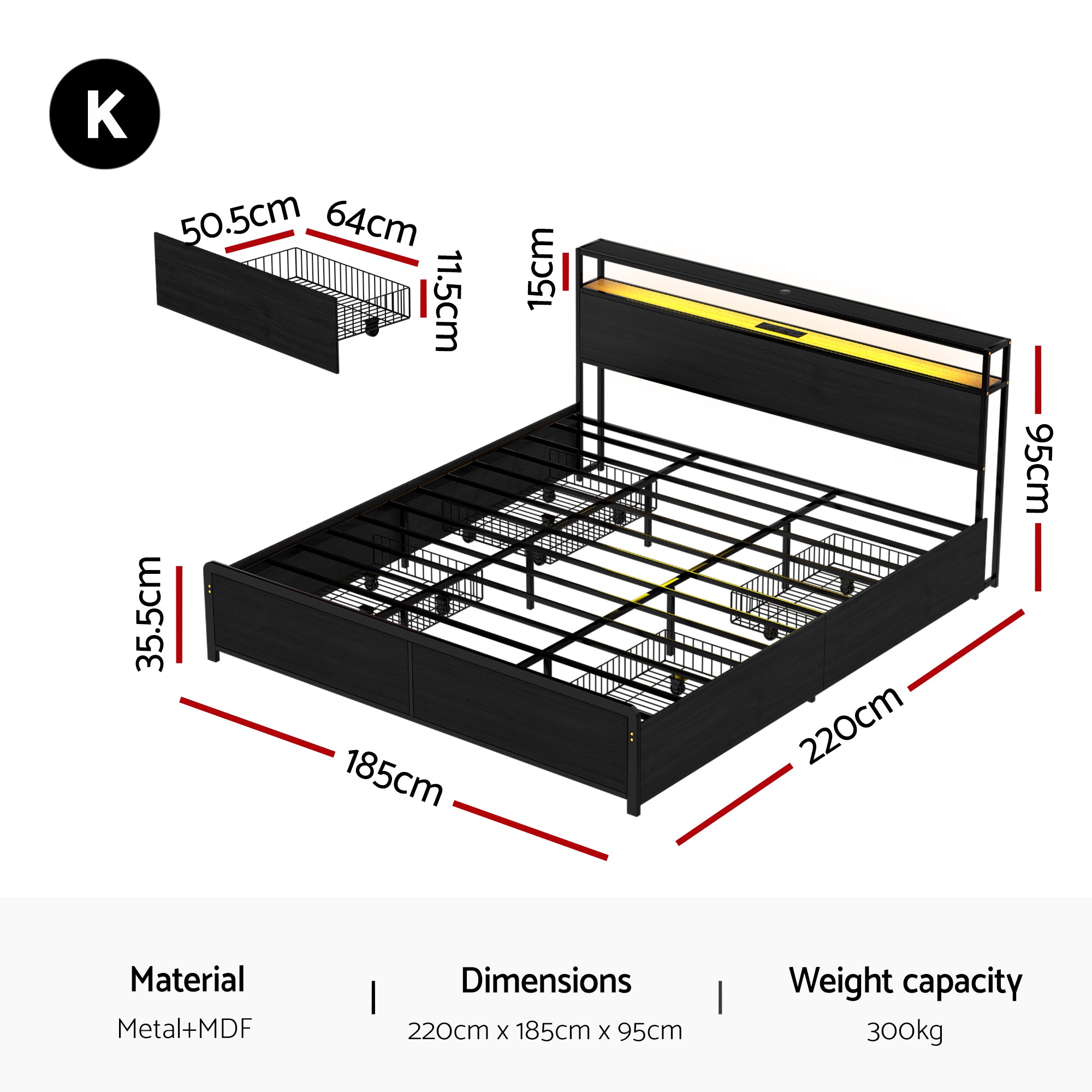 Artiss Metal Bed Frame King Size Storage Headboard Charge Station LED 4 Drawers - Homecoze