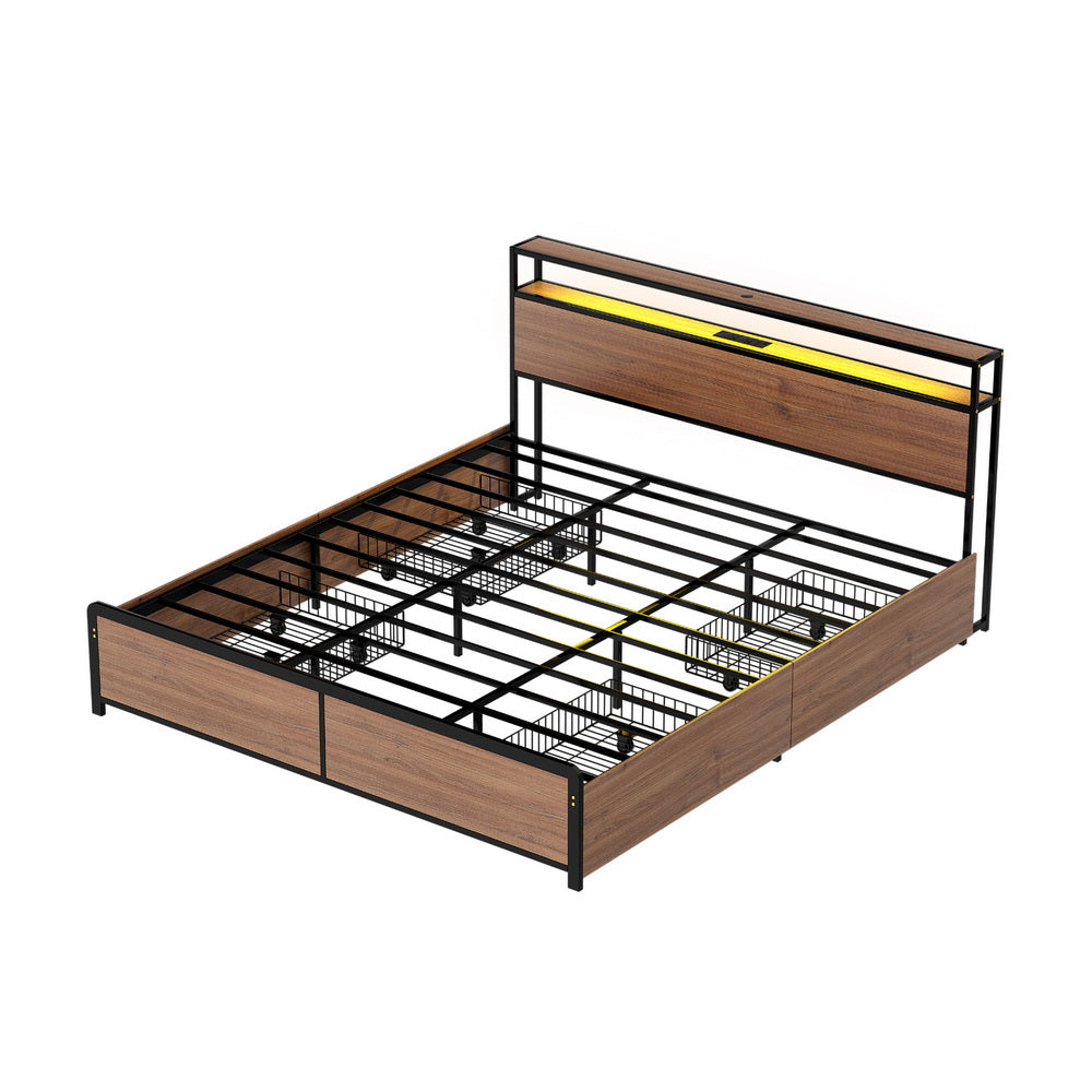 Artiss Metal Bed Frame King Size with 2-Tier Storage Headboard Metal Platform with 4 Storage Drawers Built in Charging Station & LED Noise-Free/Metal Support/No Box Spring Needed Vintage Brown - Homecoze