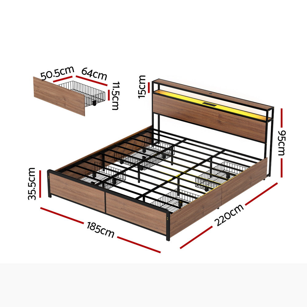 Artiss Metal Bed Frame King Size with 2-Tier Storage Headboard Metal Platform with 4 Storage Drawers Built in Charging Station & LED Noise-Free/Metal Support/No Box Spring Needed Vintage Brown - Homecoze