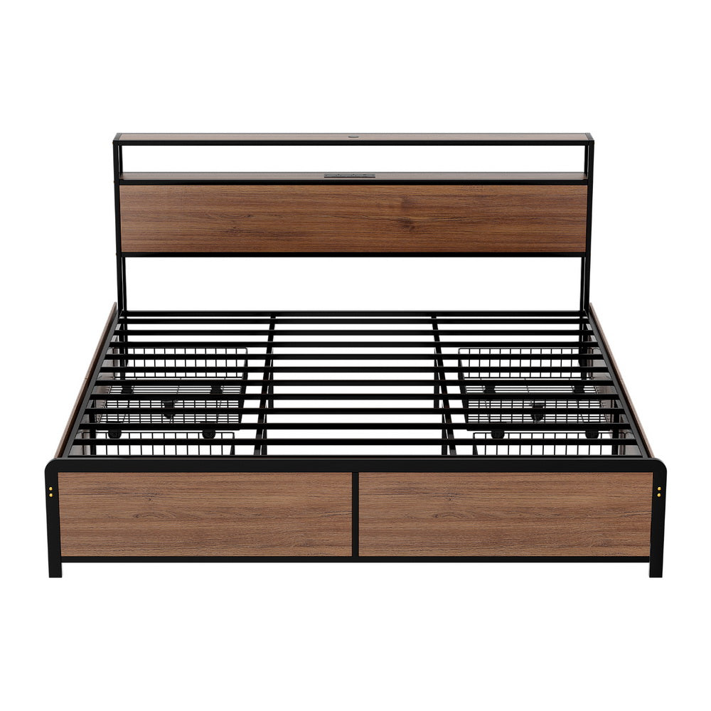 Artiss Metal Bed Frame King Size with 2-Tier Storage Headboard Metal Platform with 4 Storage Drawers Built in Charging Station & LED Noise-Free/Metal Support/No Box Spring Needed Vintage Brown - Homecoze