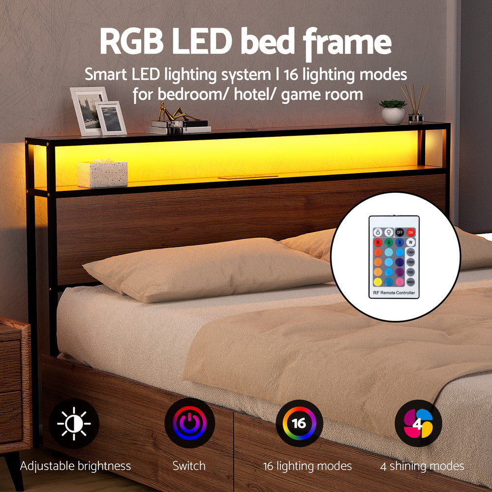 Artiss Metal Bed Frame King Size with 2-Tier Storage Headboard Metal Platform with 4 Storage Drawers Built in Charging Station & LED Noise-Free/Metal Support/No Box Spring Needed Vintage Brown - Homecoze