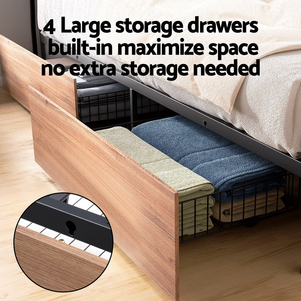 Artiss Metal Bed Frame King Size with 2-Tier Storage Headboard Metal Platform with 4 Storage Drawers Built in Charging Station & LED Noise-Free/Metal Support/No Box Spring Needed Vintage Brown - Homecoze