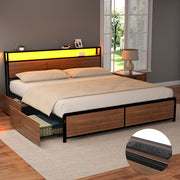 Artiss Metal Bed Frame King Size with 2-Tier Storage Headboard Metal Platform with 4 Storage Drawers Built in Charging Station & LED Noise-Free/Metal Support/No Box Spring Needed Vintage Brown - Homecoze