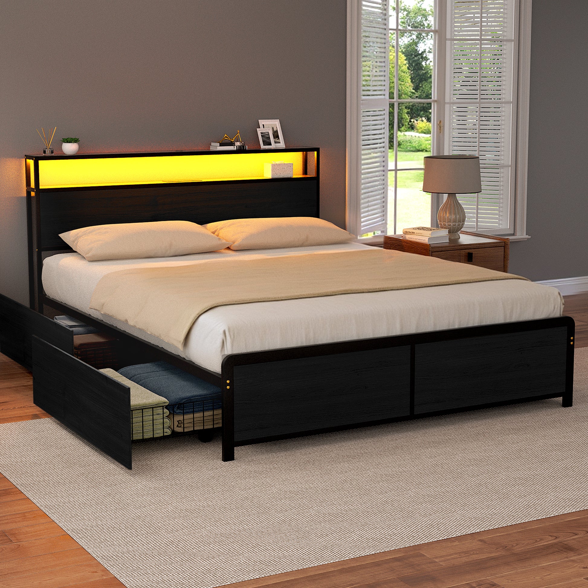Artiss Metal Bed Frame Queen Size Storage Headboard Charge Station LED 4 Drawers - Homecoze