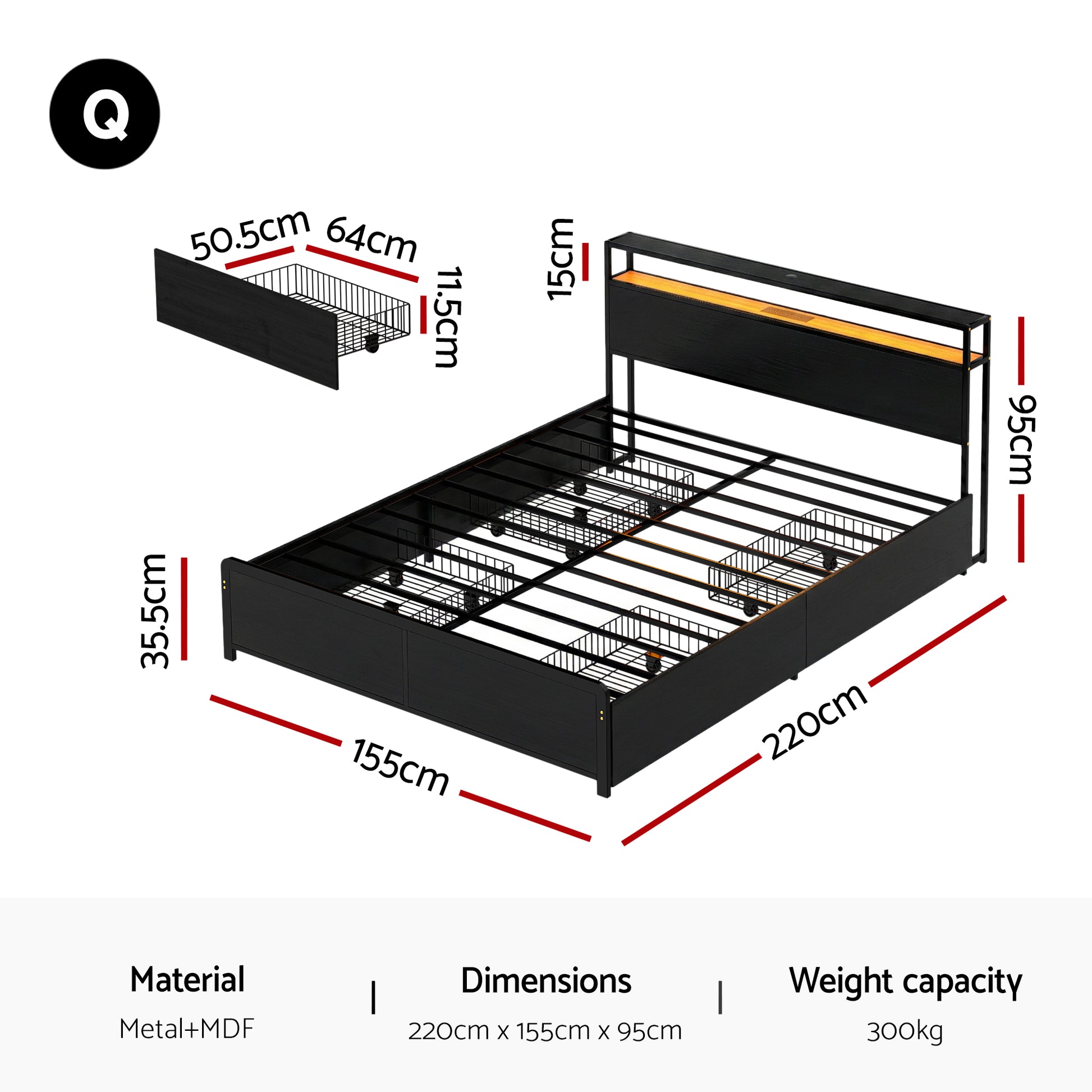 Artiss Metal Bed Frame Queen Size Storage Headboard Charge Station LED 4 Drawers - Homecoze