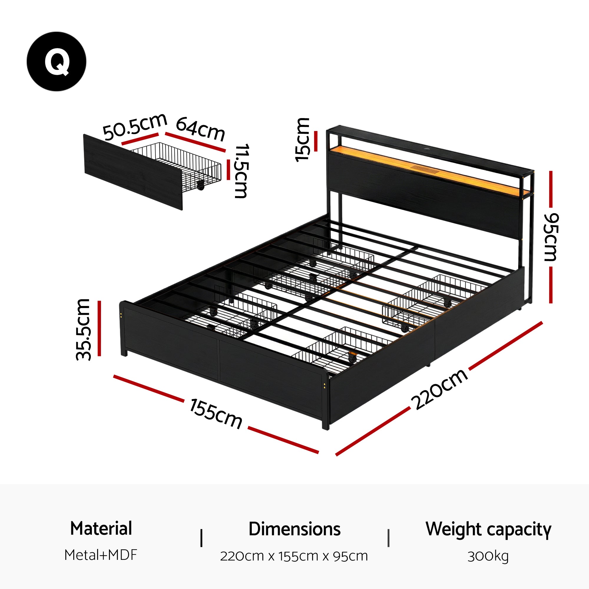 Artiss Metal Bed Frame Queen Size Storage Headboard Charge Station LED 4 Drawers - Homecoze