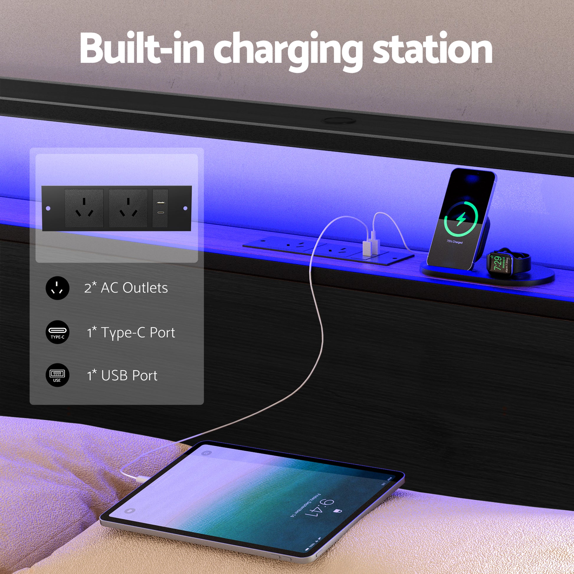Artiss Metal Bed Frame Queen Size Storage Headboard Charge Station LED 4 Drawers - Homecoze