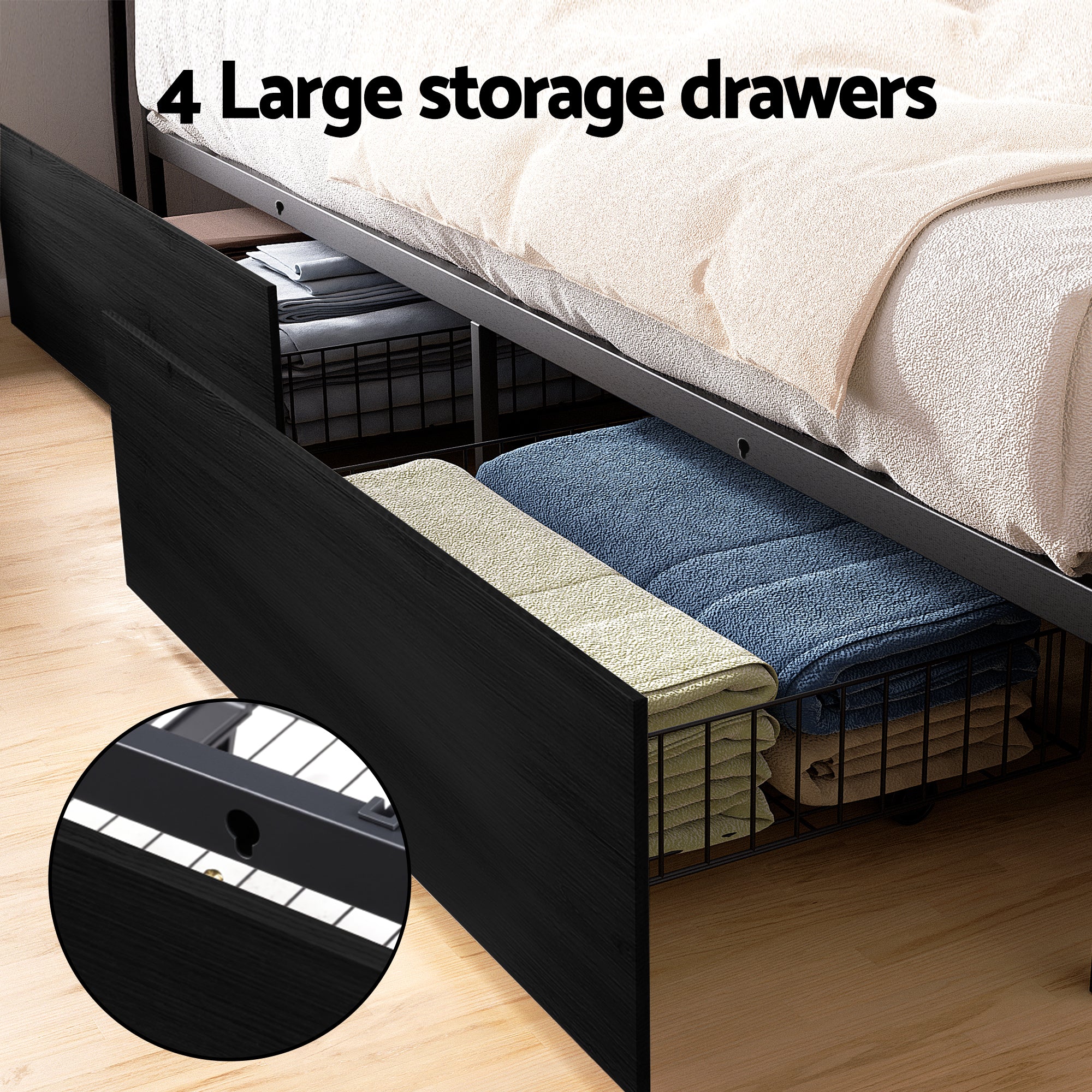 Artiss Metal Bed Frame Queen Size Storage Headboard Charge Station LED 4 Drawers - Homecoze