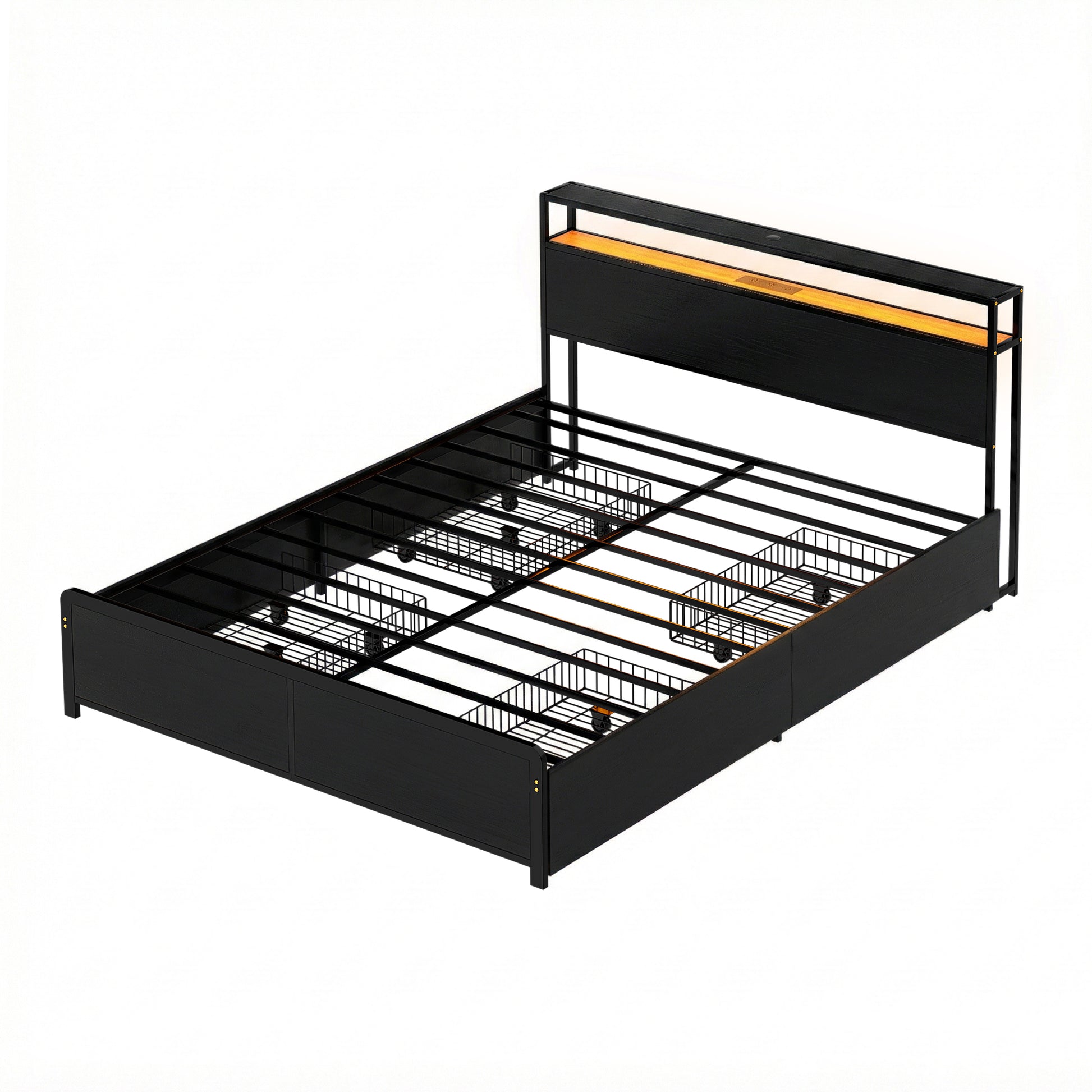 Artiss Metal Bed Frame Queen Size Storage Headboard Charge Station LED 4 Drawers - Homecoze